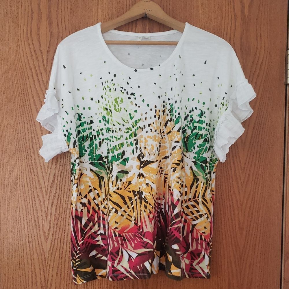 Cato Flutter Sleeve Leaf Print Top Sz XL